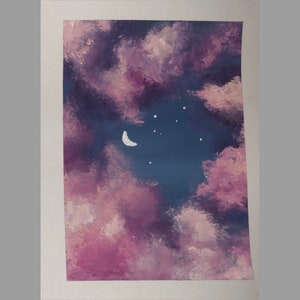 May include: A painting of a night sky with pink and purple clouds and a crescent moon. There are white stars scattered across the dark blue sky.