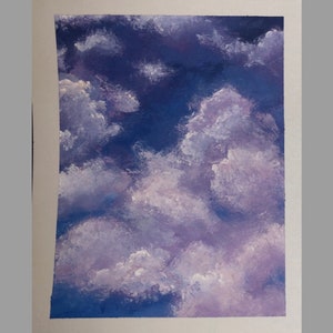 May include: A painting of a purple and blue sky with white clouds. The clouds are painted in a soft, fluffy style.