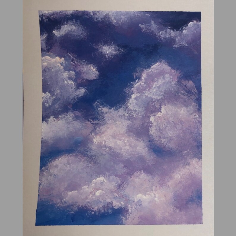 May include: A painting of a purple and blue sky with white clouds. The clouds are painted in a soft, fluffy style.