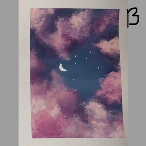 May include: A painting of a night sky with a crescent moon and stars. The sky is a deep blue with pink and purple clouds.