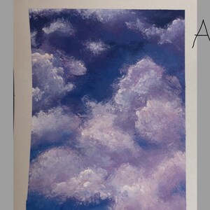 May include: A painting of a cloudy sky with shades of purple and blue. The clouds are fluffy and white, and the sky is a deep blue.