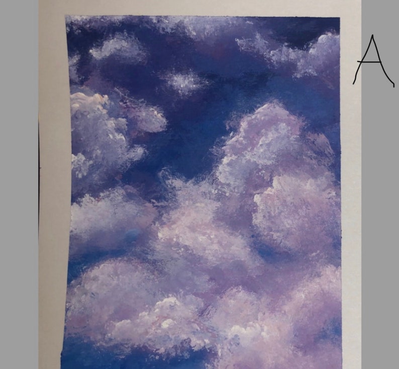 May include: A painting of a cloudy sky with shades of purple and blue. The clouds are fluffy and white, and the sky is a deep blue.