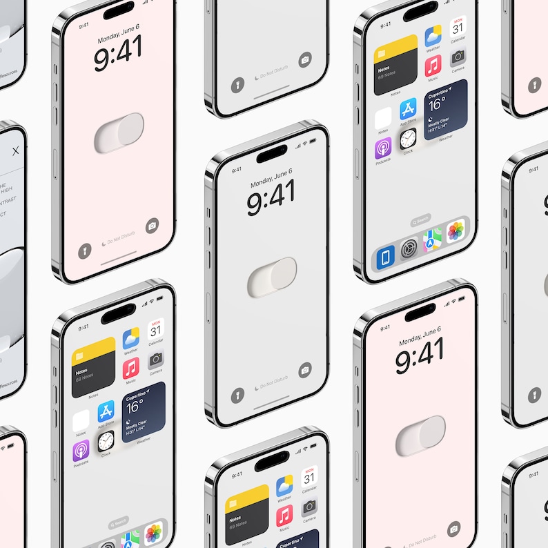 Op de afbeelding: Meerdere zilveren smartphones met verschillende schermweergaven, waaronder de tijd 9:41, een tuimelschakelaar en app-pictogrammen. De schermen hebben een lichtroze en witte achtergrond. De datum is maandag 6 juni.