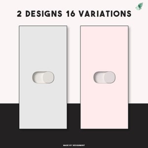 Op de afbeelding: Twee minimalistische lichtschakelaarontwerpen worden getoond. E&eacute;n is wit, de andere is roze. Elk heeft een witte tuimelschakelaar. De tekst bovenaan luidt "2 DESIGNS 16 VARIATIONS". De tekst onderaan luidt "MADE BY DESIGNMINT".