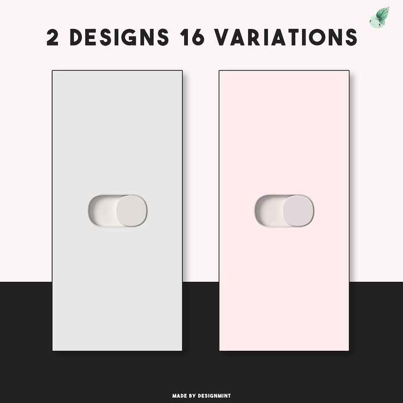 Op de afbeelding: Twee minimalistische lichtschakelaarontwerpen worden getoond. E&eacute;n is wit, de andere is roze. Elk heeft een witte tuimelschakelaar. De tekst bovenaan luidt "2 DESIGNS 16 VARIATIONS". De tekst onderaan luidt "MADE BY DESIGNMINT".