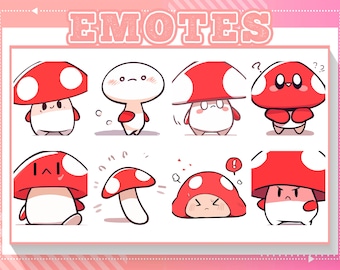 Op de afbeelding: Een set van acht rode en witte paddenstoel-emoticons met verschillende gezichtsuitdrukkingen. De emoticons zijn in cartoon-stijl en tonen verschillende emoties, waaronder blij, verdrietig, verrast en boos.
