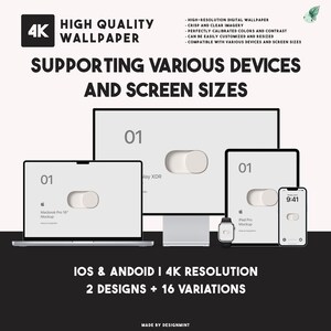 Op de afbeelding: Een digitale mockup met verschillende apparaten, waaronder een laptop, een desktopmonitor, een tablet, een smartwatch en een smartphone. De afbeelding toont de tekst "HIGH QUALITY WALLPAPER" en "SUPPORTING VARIOUS DEVICES AND SCREEN SIZES". De mockup is ontworpen voor iOS- en Android-apparaten met 4K-resolutie.