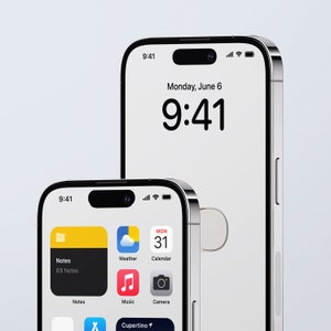 Op de afbeelding: Twee zilveren smartphones met witte schermen. De grotere telefoon toont "Maandag 6 juni" en "9:41". De kleinere telefoon toont app-pictogrammen voor Notities, Weer, Agenda, Muziek en Camera. Beide telefoons hebben een zwarte inkeping bovenaan.