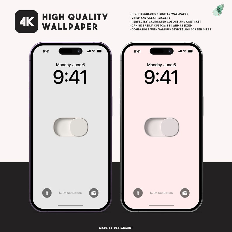 Op de afbeelding: Twee smartphones met een vergrendelscherm met een tuimelschakelaar, tijd en datum. E&eacute;n telefoon heeft een witte achtergrond, de andere een roze achtergrond. De tekst luidt "HIGH QUALITY WALLPAPER".