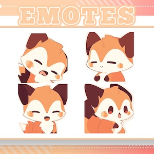 Peut inclure: Quatre illustrations numériques d'un renard de dessin animé avec différentes expressions faciales. Le renard est orange avec des oreilles brunes et un museau blanc. Le renard regarde le spectateur sur chaque image. Le texte "EMOTES" est en haut de l'image.
