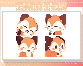 Op de afbeelding: Vier digitale illustraties van een cartoonvos met verschillende gezichtsuitdrukkingen. De vos is oranje met bruine oren en een witte snuit. De vos kijkt in elke afbeelding naar de kijker. De tekst "EMOTES" staat bovenaan de afbeelding.