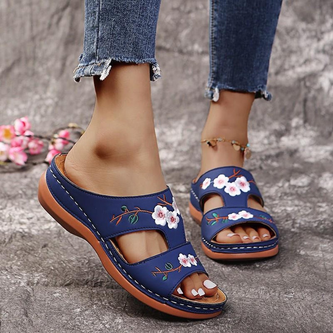 Vibiana Flower Embroidered Vintage Casual Wedges Sandals - Etsy