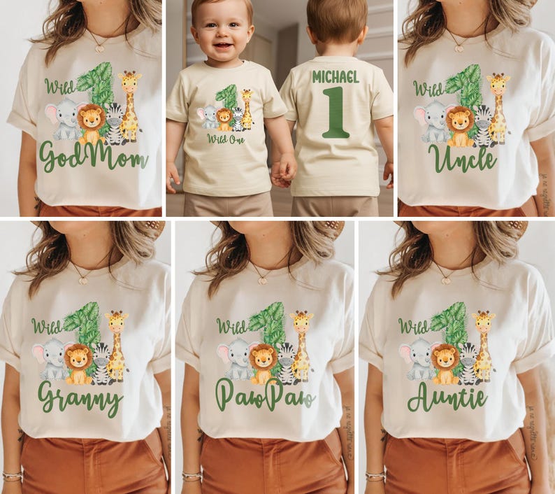 Pu&ograve; includere: T-shirt color crema con grafica di animali della giungla e la scritta "Wild One" o "Wild" con il numero 1. Le magliette sono per un primo compleanno e riportano le parole "God Mom", "Uncle", "Granny", "Paw Paw" e "Auntie".