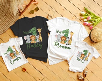 T-shirt familial assorti, chemise safari Wild One, fête de la jungle pour garçon d'anniversaire, tenue personnalisée pour enfants