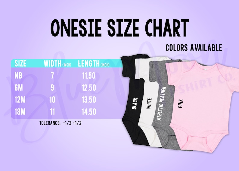 Pu&ograve; includere: Tabella delle taglie dei body con misure in pollici. I colori disponibili sono nero, bianco, grigio atletico e rosa. Le taglie vanno da neonato a 18 mesi. La tabella mostra anche la larghezza e la lunghezza.