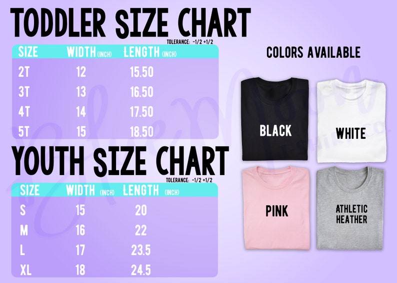 Pu&ograve; includere: Tabella delle taglie per t-shirt per bambini e ragazzi, con misure in pollici. La tabella include taglie, larghezze e lunghezze. Colori disponibili: nero, bianco, rosa e grigio atletico.