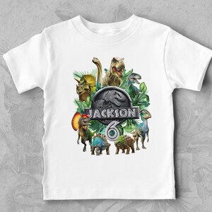 Peut inclure: T-shirt blanc avec un graphisme color&eacute; de dinosaures, de feuilles vertes et le texte "JACKSON 6". Le motif comprend un T-Rex, un Tric&eacute;ratops et d'autres cr&eacute;atures pr&eacute;historiques. Un design amusant et ludique pour enfants.