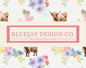 Watercolor Highland Cow Seamless Pattern, Highland Cow Seamless Pattern, Floral Highland Cow Seamless Pattern