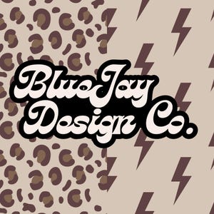 May include: A logo for Blue Jay Design Co. with a white font on a black background. The logo is set against a background of two patterns: a leopard print on the left and a pattern of brown lightning bolts on the right.