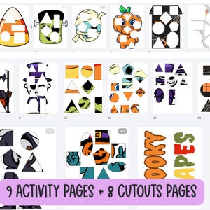 May include: A collection of printable Halloween activity sheets featuring various characters like a mummy, pumpkin, and ghost with geometric cutouts. The set includes 9 activity pages and 8 cutout pages with shapes to match, all displayed in a grid layout.