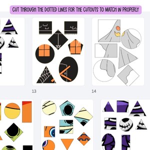 May include: A printable activity sheet featuring various geometric shapes with Halloween-themed illustrations, including ghosts, spiderwebs, and pumpkins. The text at the top reads: CUT THROUGH THE DOTTED LINES FOR THE CUTOUTS TO MATCH IN PROPERLY.