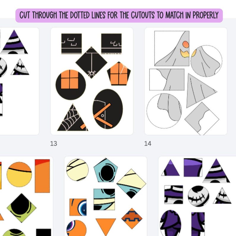 May include: A printable activity sheet featuring various geometric shapes with Halloween-themed illustrations, including ghosts, spiderwebs, and pumpkins. The text at the top reads: CUT THROUGH THE DOTTED LINES FOR THE CUTOUTS TO MATCH IN PROPERLY.