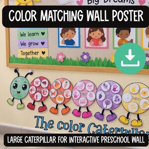 May include: A wall poster featuring a large caterpillar with circular body segments in red, orange, pink, purple, and yellow. Each segment displays matching colored objects and text labels. The text reads The color Caterpillar.
