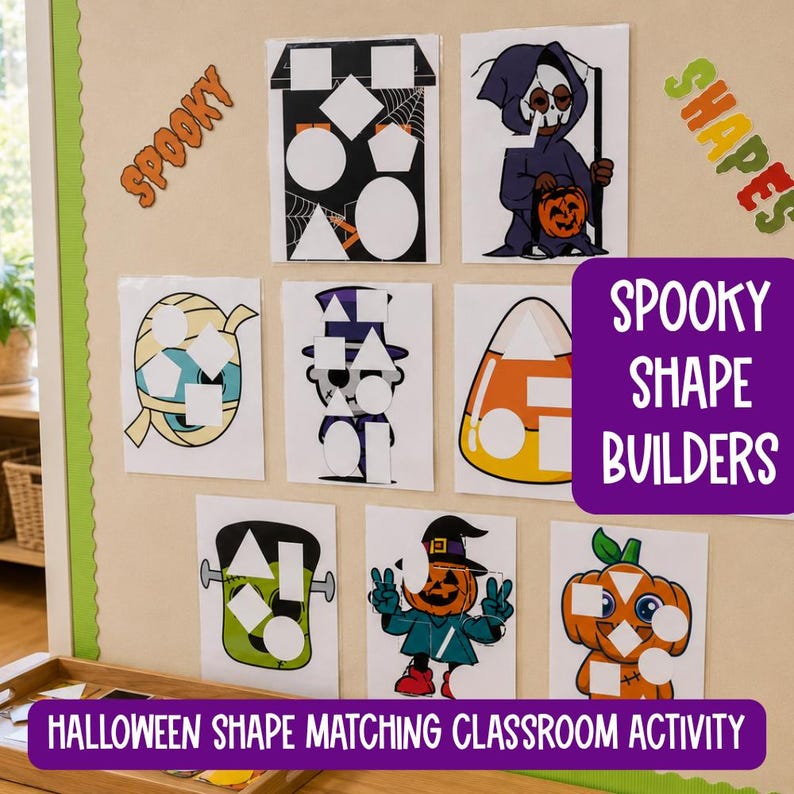 May include: A collection of eight printed activity sheets featuring Halloween characters like a mummy, ghost, and pumpkin, each with white geometric shapes cut out for matching. The text SPOOKY SHAPE BUILDERS and HALLOWEEN SHAPE MATCHING CLASSROOM ACTIVITY is visible.