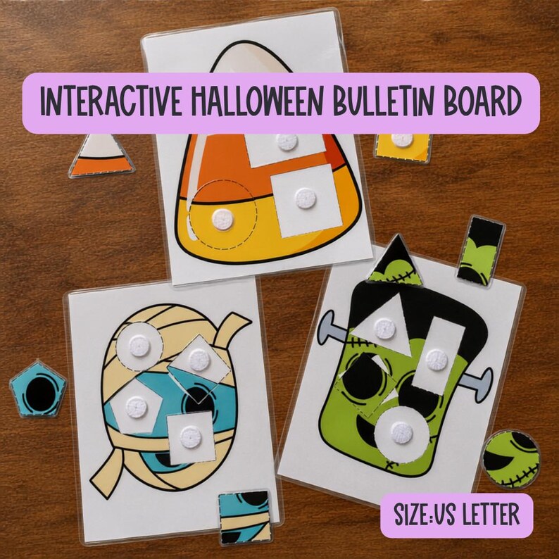 May include: An interactive Halloween bulletin board set featuring three laminated sheets with illustrations of a candy corn, a mummy, and a green monster. Each sheet includes white velcro dots for attaching various shapes. The text reads INTERACTIVE HALLOWEEN BULLETIN BOARD and SIZE: US LETTER.
