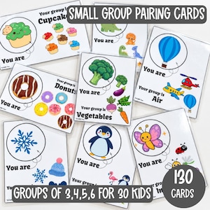 May include: A set of white rectangular small group pairing cards featuring colorful illustrations of cupcakes, donuts, vegetables, air travel, snowflakes, penguins, and butterflies with the text You are and Your group is.
