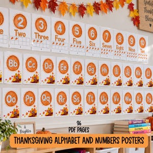 Może przedstawiać: Zestaw 36 plakatów edukacyjnych z liczbami od dwóch do dziesięciu oraz alfabetem od Bb do Yy. Każdy plakat przedstawia pomarańczowe koło z literą lub cyfrą, uzupełnione ilustracjami indyków i dziesięciopolowymi ramkami do liczenia.