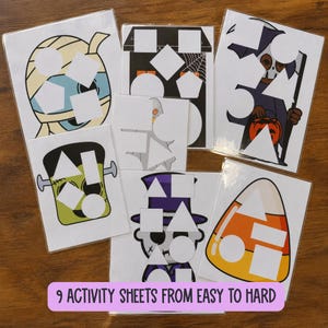 May include: A collection of laminated Halloween-themed activity sheets featuring illustrations of a mummy, haunted house, ghost, grim reaper, Frankenstein's monster, and candy corn, each with various geometric cutouts for shape matching exercises.