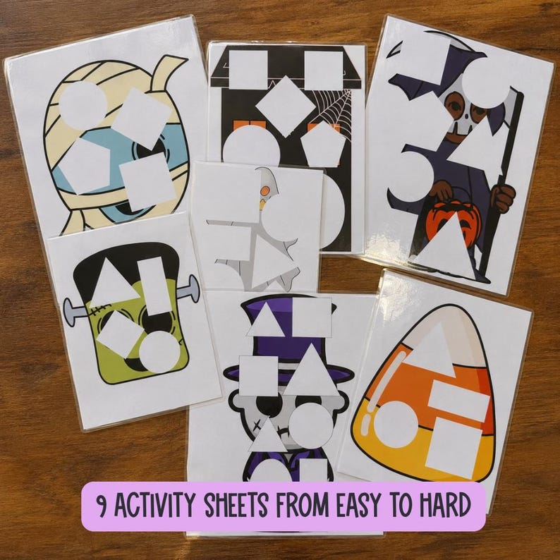 May include: A collection of laminated Halloween-themed activity sheets featuring illustrations of a mummy, haunted house, ghost, grim reaper, Frankenstein's monster, and candy corn, each with various geometric cutouts for shape matching exercises.