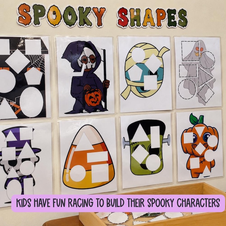 May include: A set of educational activity sheets titled SPOOKY SHAPES featuring Halloween characters like a ghost, mummy, and pumpkin. Each sheet contains white geometric cutouts for shape matching, accompanied by a wooden tray of shapes.