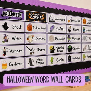 May include: A set of rectangular Halloween word wall cards featuring illustrations and text labels for terms like Ghost, Witch, Vampire, Candycorn, October, Graveyard, Broomstick, Coffin, Potion, Moonlight, Werewolf, Haunted house, Cauldron, Goblin, and Tombstone.