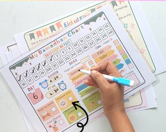 May include: A colorful printable Ramadan chart for kids to track their fasts, prayers, and good deeds. The chart includes a checklist for daily activities like reading the Quran, giving charity, and making dua. It also features a section for tracking the number of days fasted and a calendar for the month of Ramadan.