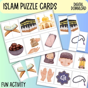 Tarjetas de rompecabezas sobre el Islam, plan de estudios preescolar, libro de actividades sobre el Islam, actividad de educación en el hogar sobre el Islam, tarjetas de emparejamiento sobre el Islam
