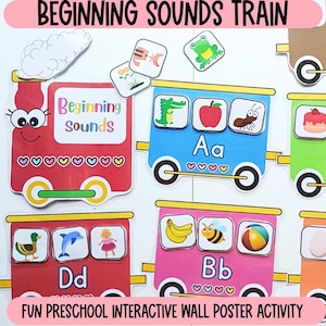 May include: A Beginning Sounds Train educational activity set featuring a red locomotive engine, blue, pink, and green train cars labeled with letters Aa, Bb, and Dd, and various small square cards depicting animals, fruits, and objects for matching.