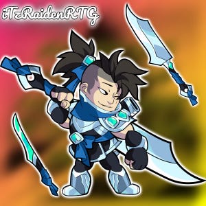 May include: Digital illustration of a cartoon character in a fighting stance, wielding three stylized swords. The character is clad in blue and silver armour with black accents. The background transitions from pink to orange and yellow, with the text "iTzRaidenRTG" in the upper left corner.