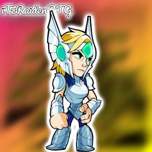 May include: A cartoon illustration of a female character wearing a silver and blue armor with a green helmet and a white cape. The character has blonde hair and is standing with her arms crossed.