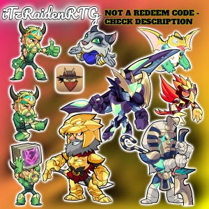 Puede incluir: Imagen con ilustraciones de personajes de dibujos animados coloridos, incluyendo un gato y figuras con armadura. También se incluye el texto "NOT A REDEEM CODE - CHECK DESCRIPTION". El fondo presenta un degradado de amarillo, naranja y morado.