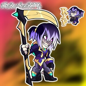 May include: A cartoon character with purple hair and a stitched-up face holds a golden scythe. The character is wearing a dark blue and gold outfit. The background is a blurred orange and yellow gradient.