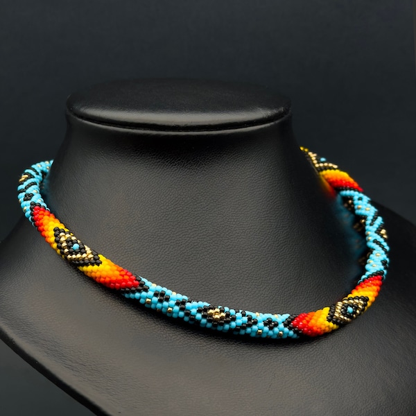 Handcrafted Native American Style Blue Beaded Necklace - Traditional Tribal Jewelry, Ethnic Choker, Mother's Day Gift Ideas