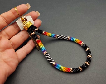 Handmade short wrist lanyard keychain with vibrant rainbow beadwork, Stylish and colorful key fob wristlet for easy key access