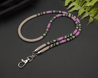 Handmade White and Pink Beaded Teacher Lanyard | Unique Bead Crochet ID Holder | Colorful Lanyard for Keys, Badges & Tags | 17.5" Length