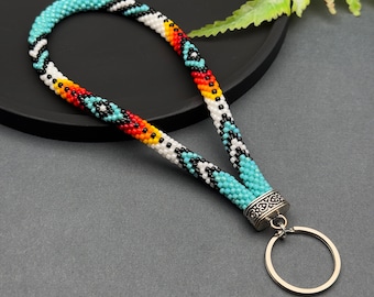 Handmade Native Style Beaded Wristlet Keychain | Tribal Inspired Seed Bead Key Fob | Unique Ethnic Key Holder Accessory