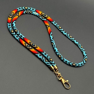 Blue Beaded Lanyard for Badge Holder | Native Style Teacher Lanyard | Handmade Beadwork for ID & Keys | Unique Native Pattern Lanyard