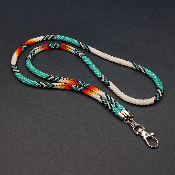 Turquoise beaded lanyard for badge, Native American style, Beaded teacher lanyard, Beadwork lanyard beaded, Mother's Day gift, Teacher gift