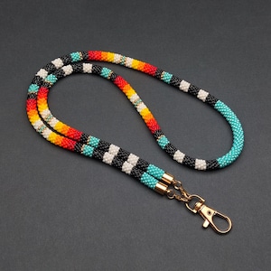 Teacher Gift Lanyard for Women – Turquoise Beaded Badge Holder Necklace, Native Style Key Lanyard, Colorful Boho Work Accessory