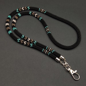 Handcrafted Beaded Lanyard, Turquoise and Black Geometric Pattern, Durable ID Badge Holder, Stylish Office Accessory, Gift for Professionals